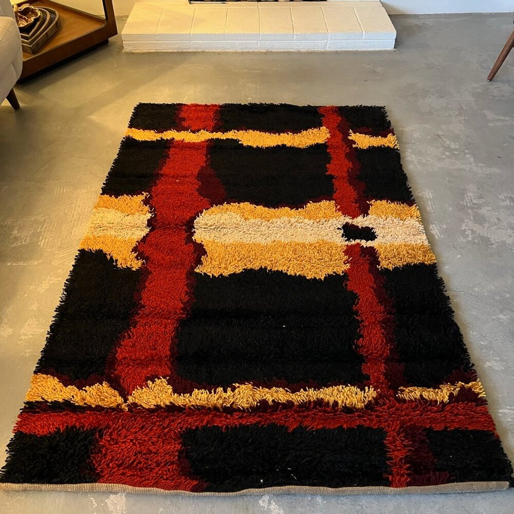 60's BELLE RYA Linear Lines Coral UNUSED Mid Century Modern Danish Rug Wool